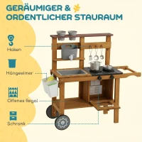 AIYAPLAY Matschküche Kinder Outdoor Spielküche aus Holz mit Wasserhahn Spüle Pflanzkasten Rädern Stauraum für 3-6 Jahre Braun(m-8)