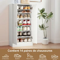 HOMCOM Meuble à chaussures 14 paires armoire à chaussures 7 niveaux avec 6 étagères réglables 2 portes à fermeture douce blanc(m-4)