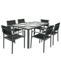 Outsunny Garden Dining Set with Acacia Wood Table Top, Outdoor Table and Stackable Chairs Set for 6 with Texteline Seat, Grey(m-10)