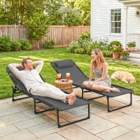 Outsunny Lot de 2 bain de soleil transat pliable dossier inclinable multi-positions acier lacets élastiques textilène gris(m-8)