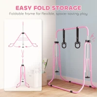 HOMCOM Adjustable Height, Foldable Kids Gymnastics Bar w/ Non-slip Rubber Floor Rings, for 3+ Years, Pink(m-5)