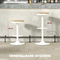 HOMCOM Barhocker 2er Set, Höhenverstellbar 360° Drehbar Barstuhl mit Stahlgestell Fußstütze 38,5x38,5x60-80 cm Naturholz+Weiß(m-4)