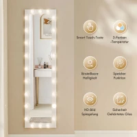 HOMCOM Ganzkörperspiegel 150x40 cm LED Spiegel mit 24 Glühbirnen 3 Lichtfarbe, freistehend oder anlehnbar Weiß(m-7)