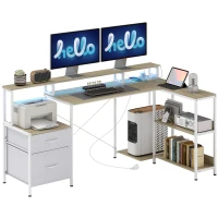 HOMCOM Birou de colț cu prize și lumini LED RGB, birou de calculator, 172 x 100 cm, suport ecran, 2 sertare, alb(m-7)