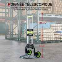 HOMCOM Diable Pliable en Aluminium avec 100 cm Poignée Télescopique, pour Entrepôt, Aéroport, 38,5x41x100cm, Vert(m-5)