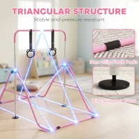HOMCOM Adjustable Height, Foldable Kids Gymnastics Bar w/ Non-slip Rubber Floor Rings, for 3+ Years, Pink(m-6)