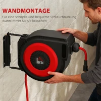 HOMCOM Schlauchtrommel mit Einzugs-Mechanismus, 16,5 m langer Schlauch, Wandmontage, Rot+Schwarz(m-7)
