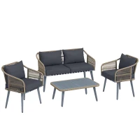 Outsunny 4 Piece Rattan Garden Furniture Set with Loveseat, Armchairs, Wood Table, Wicker Patio Conversation Set, Grey(m-1)