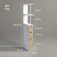 HOMCOM Columna de Baño Moderno Mueble Auxiliar de Baño con 2 Estantes 2 Cajones y 1 Puerta Antivuelco 15x33x136,8 cm Natural(m-3)