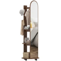 HOMCOM 2-in-1 Full Length Mirror with Storage Shelves, Floor Mirror with 4 Wheels, Coat Rack, Hooks, Brown Wood Effect(m-10)