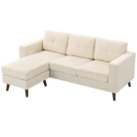 HOMCOM Canapea colțar 192 cm în formă de L, canapea 3 locuri cu chaise-longue reversibilă, aspect cord, pentru spații mici, alb crem(m-6)