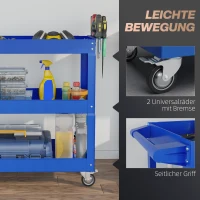 DURHAND 3-stufiger Werkzeugwagen, 4 Rollen, Stahl, 83B x 35,3T x 76H cm, Blau(m-5)