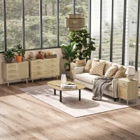 HOMCOM Comodă cu 6 Sertare din Lemn și Ratan Stil Boho pentru Living și Dormitor, 110x40x75 cm(m-9)