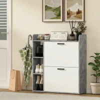 HOMCOM Meuble à chaussures 15 paires, armoire à chaussures moderne avec 2 tiroirs rabattables, 83x24x90,5cm, blanc et gris(m-8)