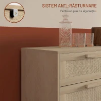 HOMCOM Comodă cu 6 Sertare din Lemn și Ratan Stil Boho pentru Living și Dormitor, 110x40x75 cm(m-6)