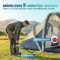 Outsunny Aufblasbares Zelt 4 Personen Schneller Aufbau Outdoor Camping Zelt mit 2 Schlafzimmer Mesh Fenster Vordach(m-4)