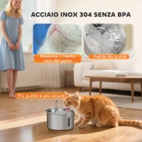 PawHut Fontanella per Gatto 2.5L con Luce LED e 2 Modalità di Flusso, in Acciaio Inox, 19.4x19.4x18.7 cm, Argento(m-4)