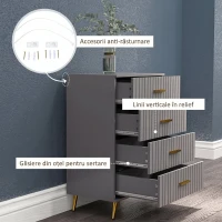 HOMCOM Comodă modernă cu 4 sertare din lemn și aluminiu, 60x40x90 cm, auriu și gri închis(m-6)