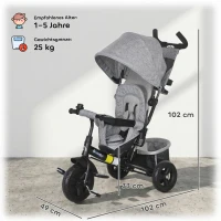 HOMCOM Kinder-Dreirad, Kinderfahrrad, Rückenkorb, Becherhalter, Sonnendach, Metall, Grau(m-3)