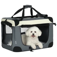 PawHut Sac de transport pliable - poignée, 3 entrées zippées, poche - coussin amovible - acier oxford polyester gris noir(m-1)