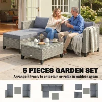 Outsunny 5-Piece Rattan Patio Furniture Set with Corner Sofa, Footstools, Coffee Table, for Poolside, Dark Grey(m-4)