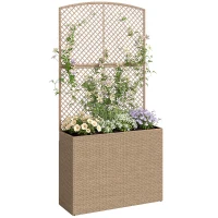 Outsunny Rattan Planter with Trellis, Raised Beds for Garden with Liner for Climbing Plants Vegetables Flowers, Light Grey(m-10)
