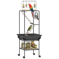 PawHut Parque de Juegos de Pájaros con Ruedas Escaleras Columpio Protector de Semillas Bandeja Comederos Perchas 63x63x163 cm(m-10)
