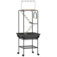 PawHut Parque de Juegos de Pájaros con Ruedas Escaleras Columpio Protector de Semillas Bandeja Comederos Perchas 63x63x163 cm(m-1)