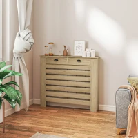 HOMCOM Couvercle de radiateur cache radiateur grille à lattes horizontales avec 2 tiroirs en bois 111l x 19P x 95,5H cm chêne(m-10)