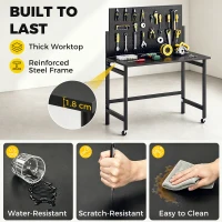 HOMCOM Werkbank mit Lochwand, Klappbare Mobile Werkbank mit Rollen, Dicke Arbeitsplatte, Stahlrahmen, Haken, Schwarz(m-5)