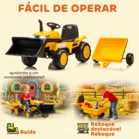 AIYAPLAY Trator Elétrico para Crianças com Reboque e Pá 12V Motor Duplo Luzes Música Conexão Sem Fios USB 146x58x58,5 cm Amarelo(m-5)
