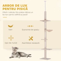 PawHut Arbore pentru Pisici Multietajat Reglabil pe Înălțime, cu Hamac și Înveliș de Pluș, 40x34x230-260cm, Bej(m-9)