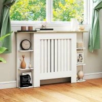 HOMCOM Cache-radiateur avec étagères de rangement ouvertes, couvercle de radiateur en bois à lattes, 124x19x83cm, blanc(m-9)