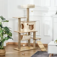 PawHut Kratzbaum Katzenbaum für Katzen Kletterbaum aus Holz mit Katzenhöhle Jutestämmen großer Plattform Spielbälle 130 cm Höhe stabil Plüsch Gelb 60 x 40 x 130 cm(m-7)