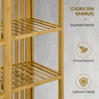HOMCOM Dulap Deschis din Bambus cu 2 Uși Glisante, Rafturi Deschise și Bară pentru Umerașe, 145x35x165cm(m-8)