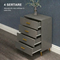 HOMCOM Comodă modernă cu 4 sertare din lemn și aluminiu, 60x40x90 cm, auriu și gri închis(m-4)