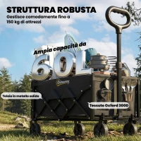 Outsunny Carrello da Giardino Pieghevole da 60L con Ruote e Lato Apribile, Nero(m-6)
