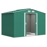 Outsunny Casetta da Giardino 4.9 m² con Fondazione, 4 Prese d'Aria e 2 Porte Scorrevoli, Capanno Porta Attrezzi in Lamiera d'Acciaio, 277x195x192 cm, Verde Scuro(m-1)