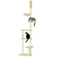 PawHut IE Located Floor to Ceiling Cat Tree, Adjustable Height, Cat Climbing Tower with Carpeted Platforms, Cozy Bed, Hammock, Scratching Posts, Toy Balls, Activity Center for Kittens, Beige(m-10)