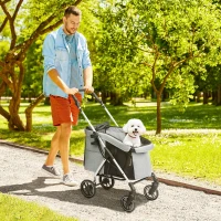 PawHut Carrinho para Cães Dobrável com Correia de Segurança Almofada Lavável e Janelas 80x48,5x106 cm Cinzento Claro(m-2)