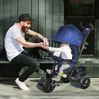 HOMCOM Triciclo para Bebés 2 em 1 de +12 Meses com Capota Dobrável Guiador Telescópico e Removível Bolsa e Porta-garrafas Azul Marrinho(m-2)
