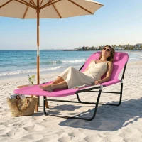 Outsunny Folding Sun Lounger with Head Pillow - Pink(m-9)