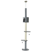 PawHut Árbol Rascador para Gatos Rascador para Fijar al Techo Altura 255 cm con Plataformas Cueva Postes de Sisal Bolas Colgantes Gris Claro