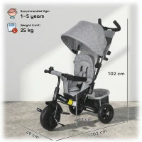 HOMCOM 6 in 1 Kids Trike with Parent Handle, Canopy, 5-point Seat Belt, Storage, Footrest, Brake, for 1-5 Years, Grey(m-3)