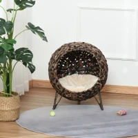 PawHut kattenhuis met kussen, kattenslaapplaats, kattengrot met verhoogde poten, PE-rotan, bruin, Ø 52 x 58 cm(m-11)