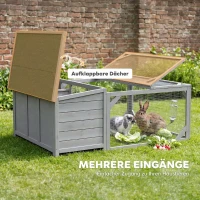 PawHut Konijnenhok Konijnenstal hout konijnenkooi met opklapbaar bitumendak, ren, deuren 125,5x100x49 cm Grijs(m-5)