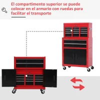 HOMCOM Carro de Herramientas con Baúl Superior 6 Cajones Armario Cerradura 4 Ganchos para Garaje Hogar Rojo(m-6)