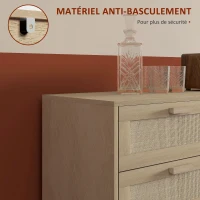 HOMCOM Commode 6 tiroirs meuble de rangement avec tissage en rotin dim. 110L x 40l x 75H cm Aspect Bois Clair(m-6)