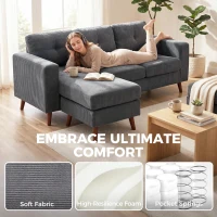 HOMCOM Ecksofa 192 cm L-Form 3-Sitzer Sofa mit umkehrbarer Chaiselongue, Cord-Optik, für kleinen Raum, Dunkelgrau(m-5)