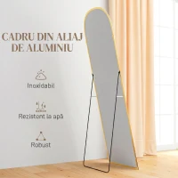 HOMCOM Oglindă de Podea și Perete Modernă din Aliaj de Aluminiu cu Suport Pliabil, 50x161.5 cm, Aur(m-6)